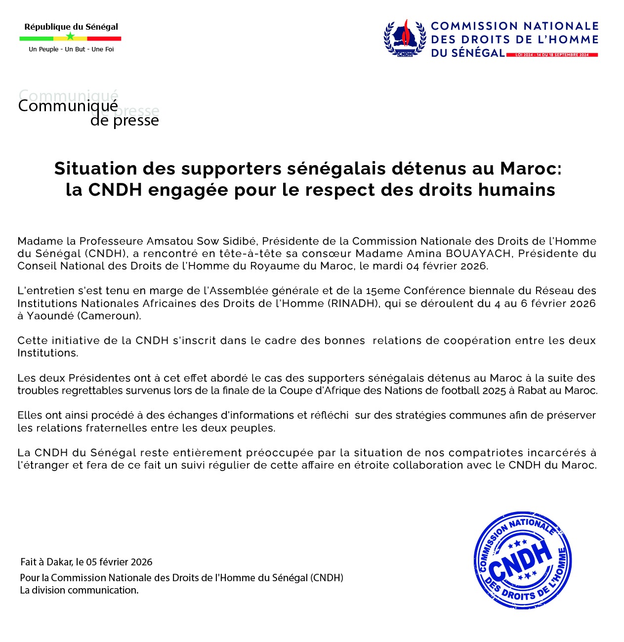 Situation des supporters sénégalais détenus au Maroc: la CNDH engagée pour le respect des droits humains