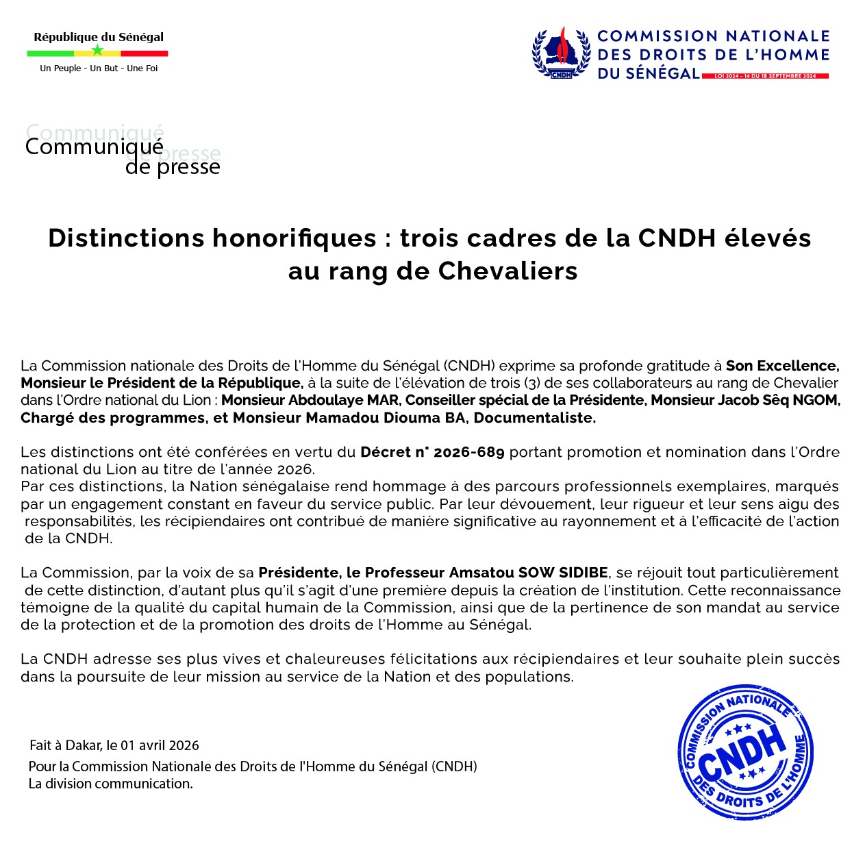 Distinctions honorifiques trois cadres de la CNDH élevés au rang de Chevaliers